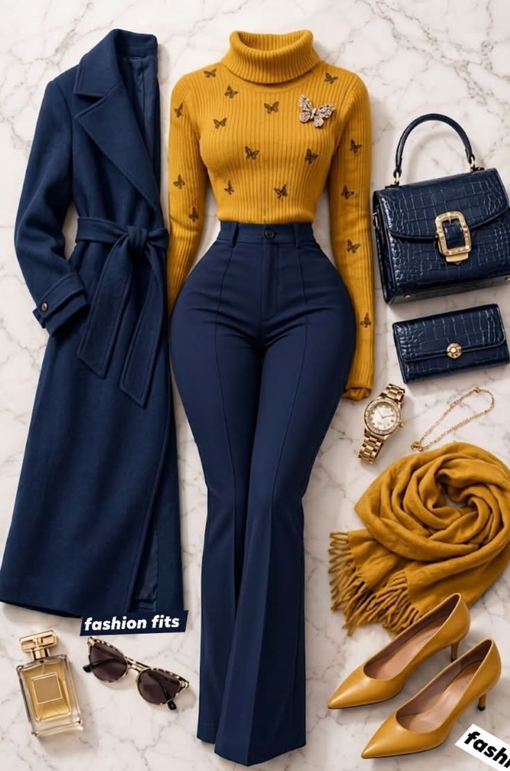 Navy & Mustard Butterfly Turtleneck Flare Trouser Luxury Outfit Set - GLOW FIT ESSENTIALS