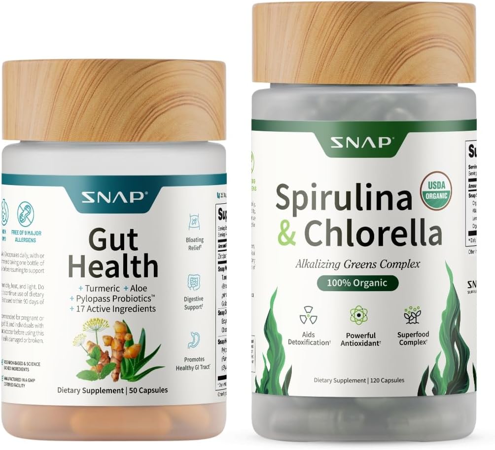 Snap Supplements Gut Health & Organic Spirulina Chlorella Bundle – 50 + 120 Capsules for Digestion, Detox & Glowing Skin | Glow Fit Essentials