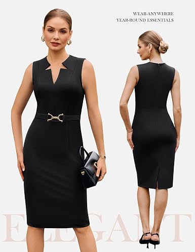 Midi Work Business Formal Dress 2026 – Sleeveless V-Neck Bodycon Pencil Sheath Knee Length Dress | Office, Church, Cocktail & Funeral Outfit - GLOW FIT ESSENTIALS