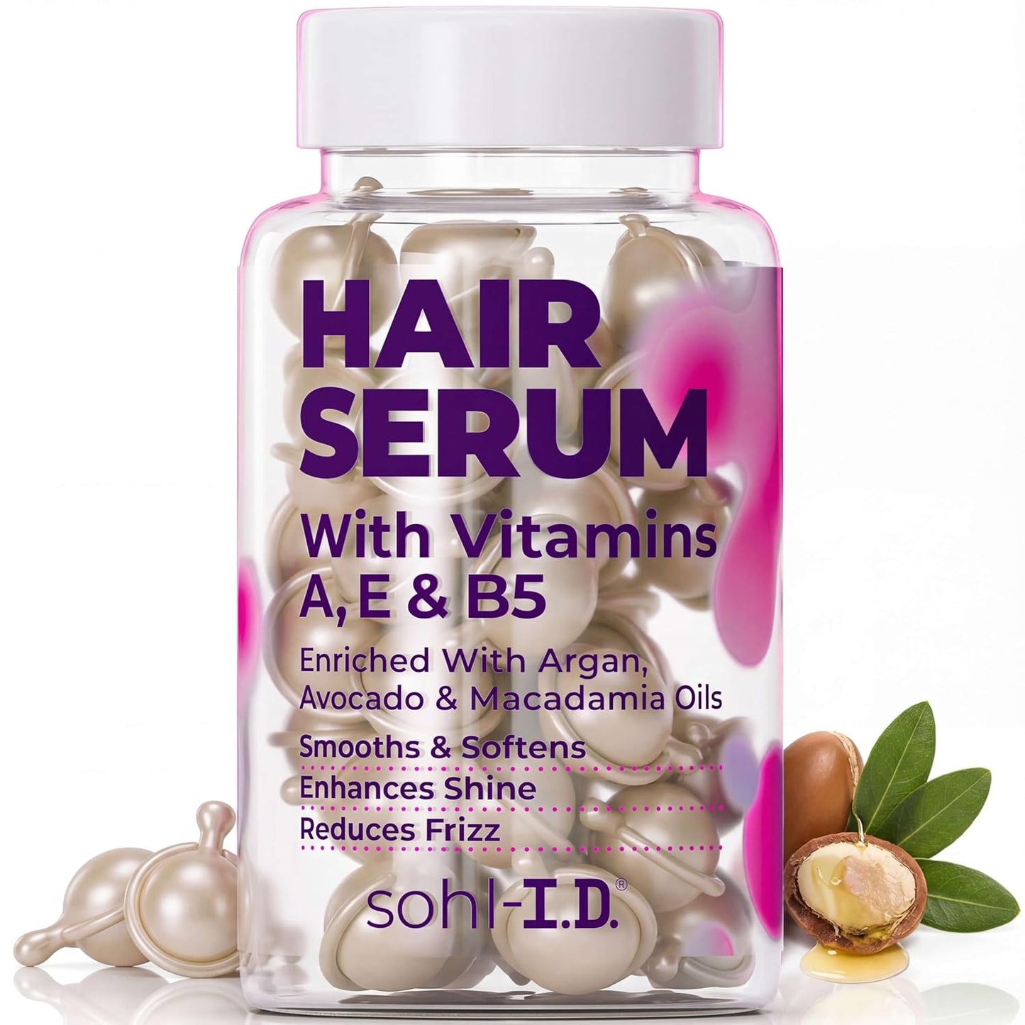 sohl-I.D. Hair Serum Capsules with Vitamins A, E & B5 – Argan, Avocado & Macadamia Oils for Frizzy, Dry & Curly Hair | Glow Fit Essentials