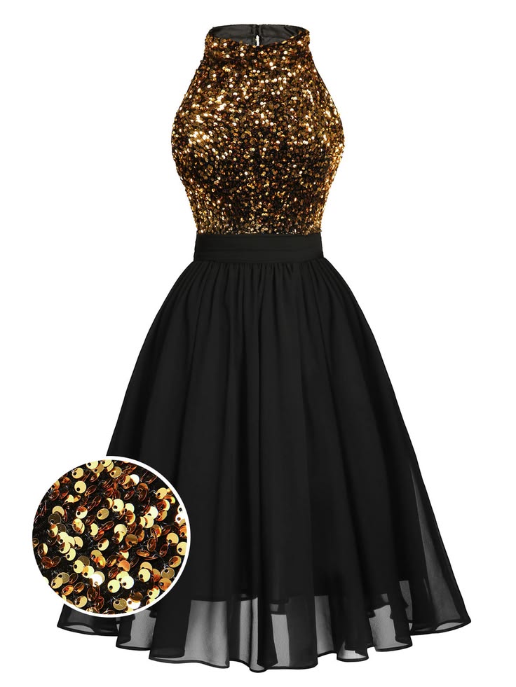 Gold Sequin & Black Chiffon Halter Dress – 1950s Vintage-Inspired Party & Cocktail Dress - GLOW FIT ESSENTIALS