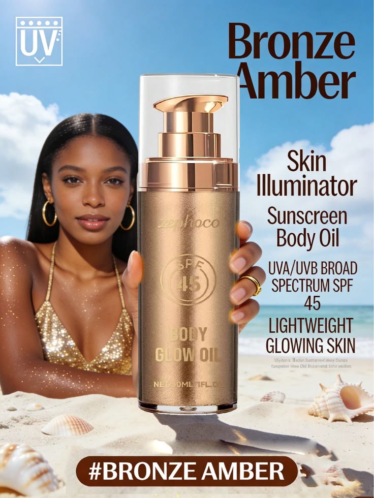Bronze Amber Body Glow Oil – SPF 45 Skin Illuminator with Shimmer & Glitter for Sun-Kissed Glow - GLOW FIT ESSENTIALS
