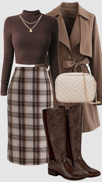 Autumn Elegance Outfit Set – Plaid Skirt, Trench Coat & Knee-High Boots - GLOW FIT ESSENTIALS