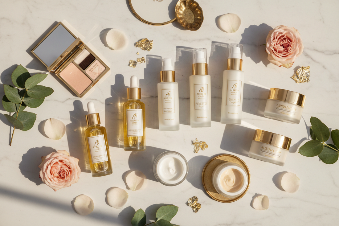 Skincare essentials flatlay for glowing skin in 2026 — cleanser, serum, moisturiser, body oil and LED device by Glow Fit Essentials
