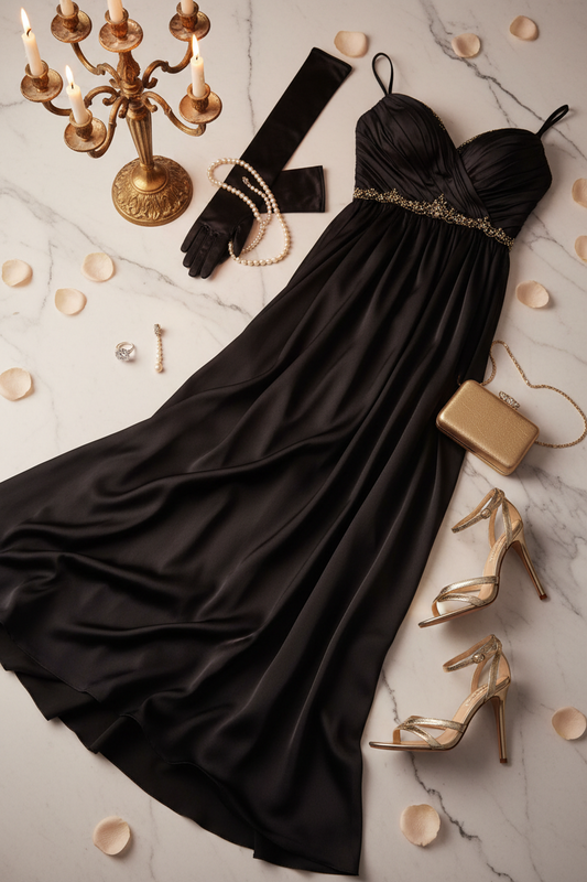 Woman in an elegant plum beaded mermaid gown at a black-tie gala — Glow Fit Essentials formal dress guide