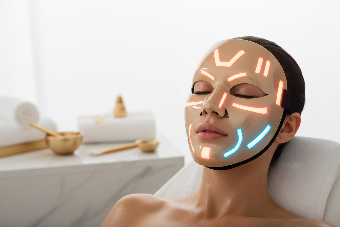 Woman wearing an LED face mask for red light therapy anti-aging treatment — Glow Fit Essentials