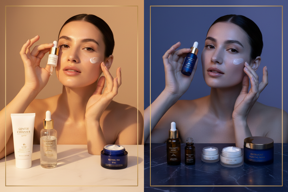 Morning and evening skincare routine products laid out — AM vs PM routine guide by Glow Fit Essentials