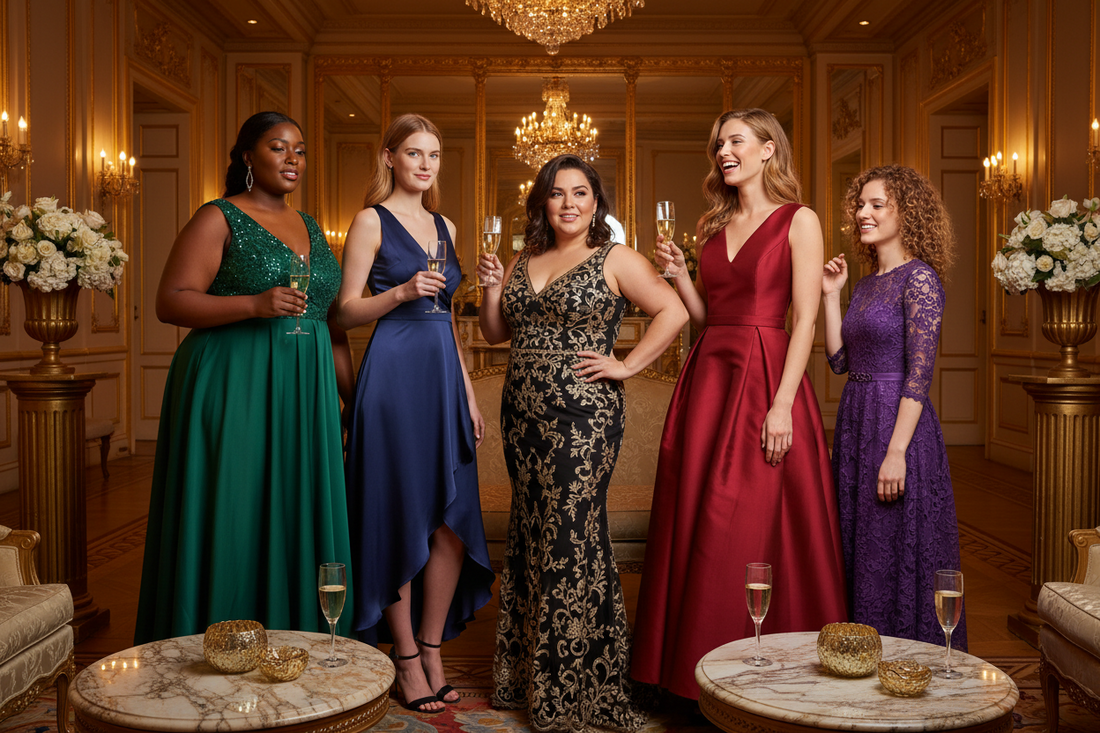 Woman in a navy corset draped midi dress at a cocktail party — Glow Fit Essentials cocktail dress guide 2026