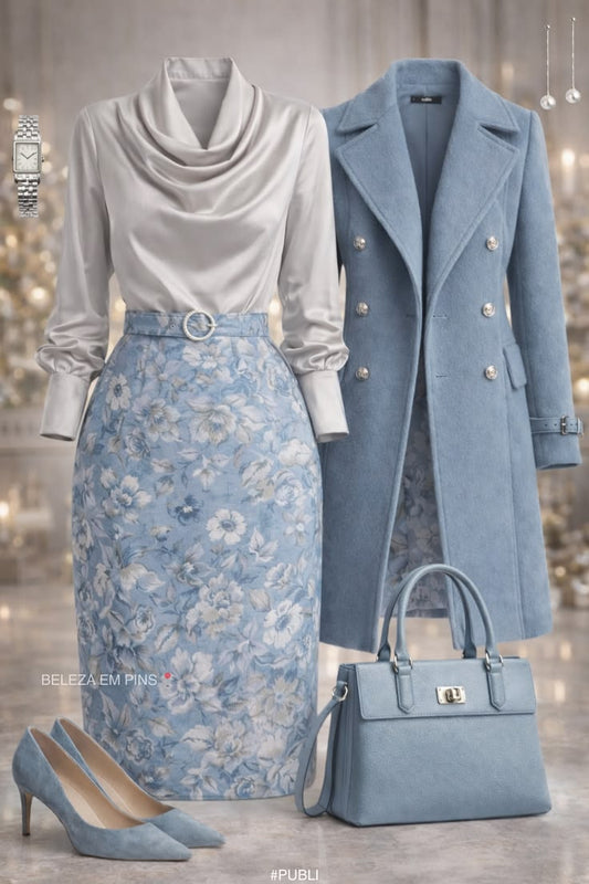 Powder Blue Floral Skirt & Satin Blouse Outfit Set - GLOW FIT ESSENTIALS