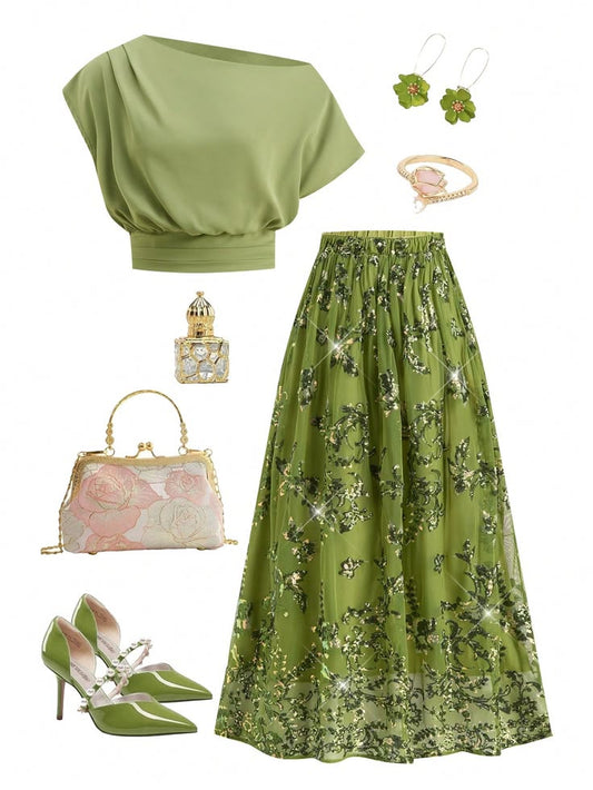 Sage Green One-Shoulder Top & Sequin Floral Maxi Skirt Luxury Outfit Set - GLOW FIT ESSENTIALS