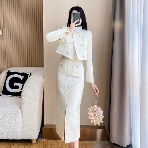 Women's Fashion Woolen Skirt Two-Piece Set - Elegant Temperament Outfit | Sizes S-XXL - GLOW FIT ESSENTIALS