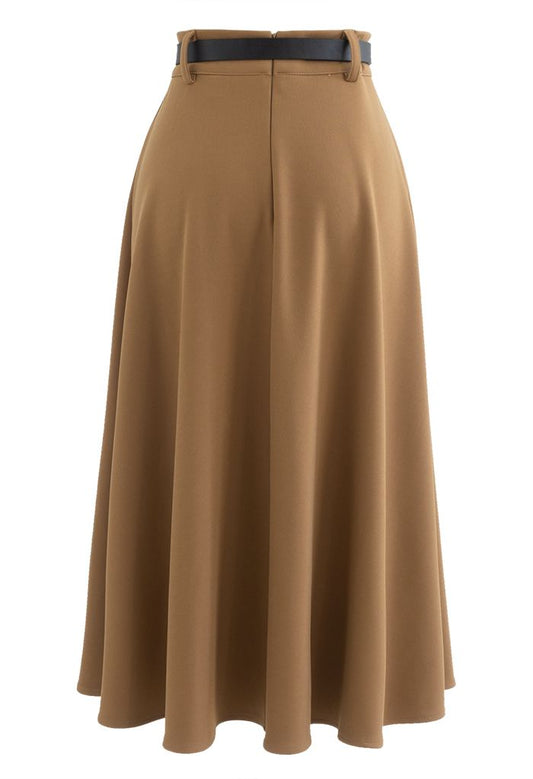 Chocolate Brown Belted Faux Leather A-Line Midi Skirt - GLOW FIT ESSENTIALS