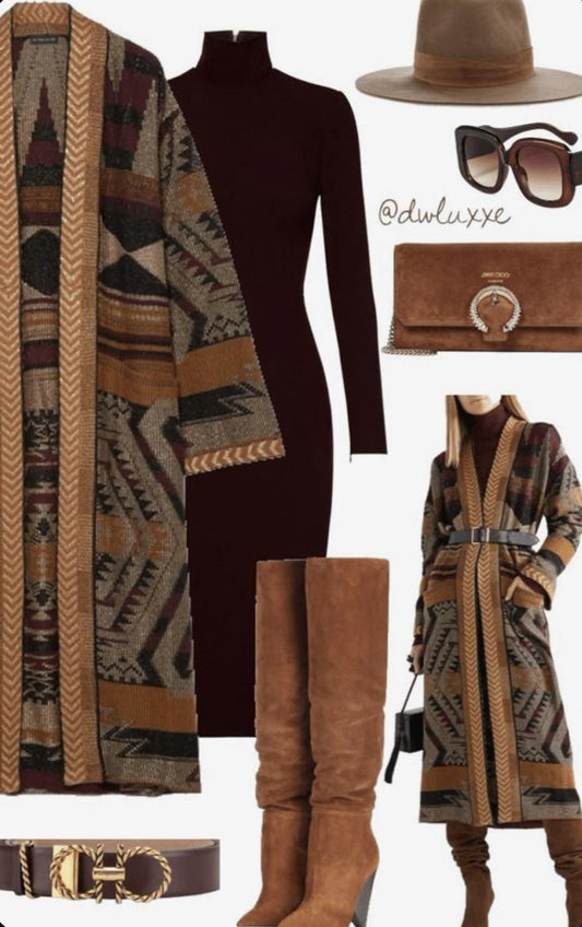 Chocolate Brown Turtleneck Bodycon Dress & Aztec Cardigan Set - GLOW FIT ESSENTIALS