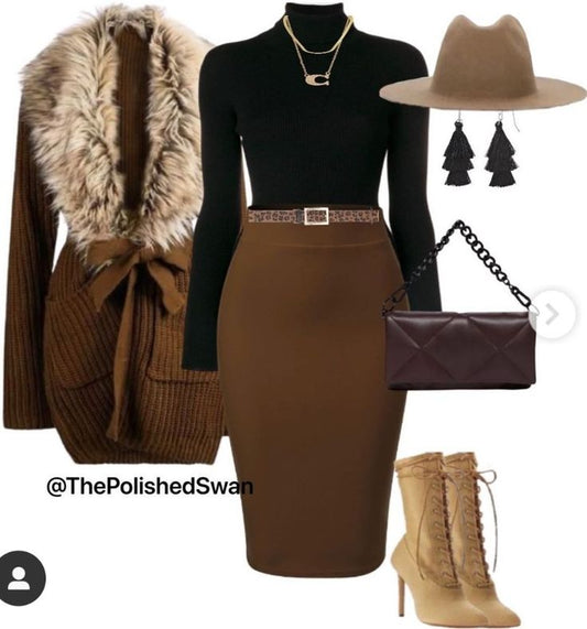 Chocolate Brown Pencil Skirt & Faux Fur Collar Cardigan Set - GLOW FIT ESSENTIALS