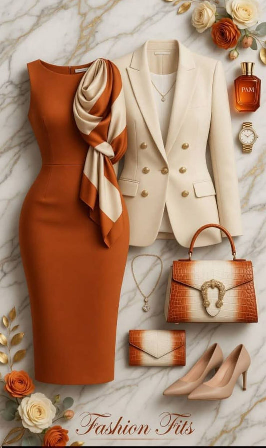 Terracotta sleeveless midi dress styled with ivory blazer, silk scarf, croc handbag and nude heels on marble background