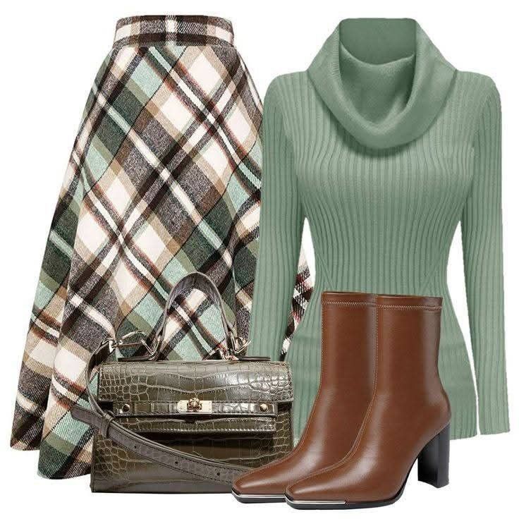 Sage Green Turtleneck & Plaid Midi Skirt Outfit Set - GLOW FIT ESSENTIALS