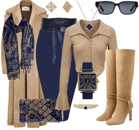 Navy & Camel Power Outfit – Leather Midi Skirt & Knit Set - GLOW FIT ESSENTIALS