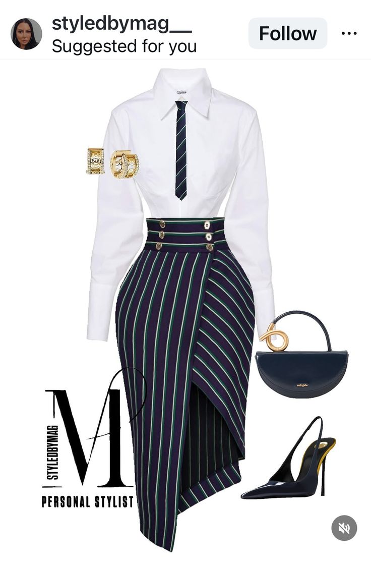 White Shirt & Navy Striped Asymmetric Wrap Skirt Set - GLOW FIT ESSENTIALS