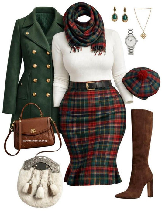 Tartan Pencil Skirt & White Ribbed Top Outfit – Scottish Winter Set - GLOW FIT ESSENTIALS