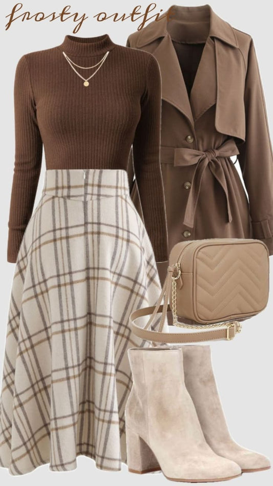 Frosty Outfit – Chocolate Brown Ribbed Turtleneck & Plaid Midi Skirt Set - GLOW FIT ESSENTIALS