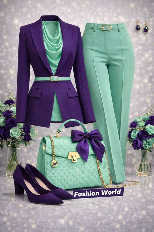 Purple & Mint Green Power Suit – Belted Blazer & Tailored Trouser Set - GLOW FIT ESSENTIALS