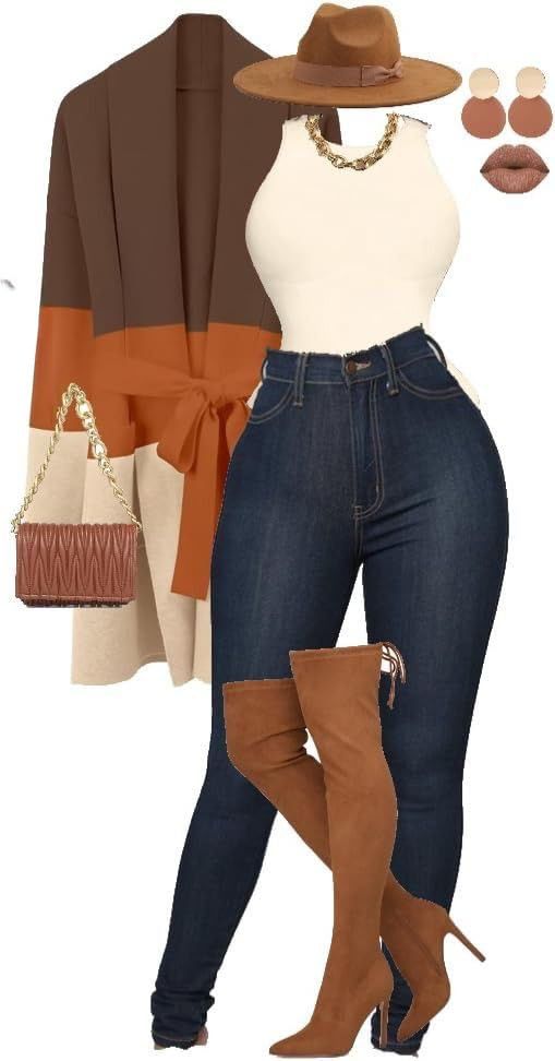 Brown Colour-Block Cardigan & Jeans Outfit – Casual Luxe Set - GLOW FIT ESSENTIALS