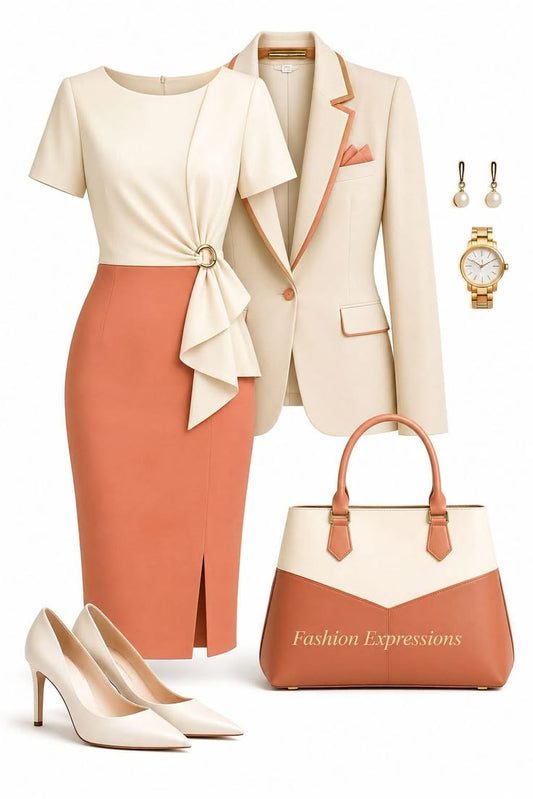 Cream & Terracotta Blazer Skirt Set – Elegant Office Power Outfit - GLOW FIT ESSENTIALS
