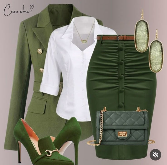 Olive Green Blazer & Ruched Pencil Skirt Set – Office Power Suit - GLOW FIT ESSENTIALS