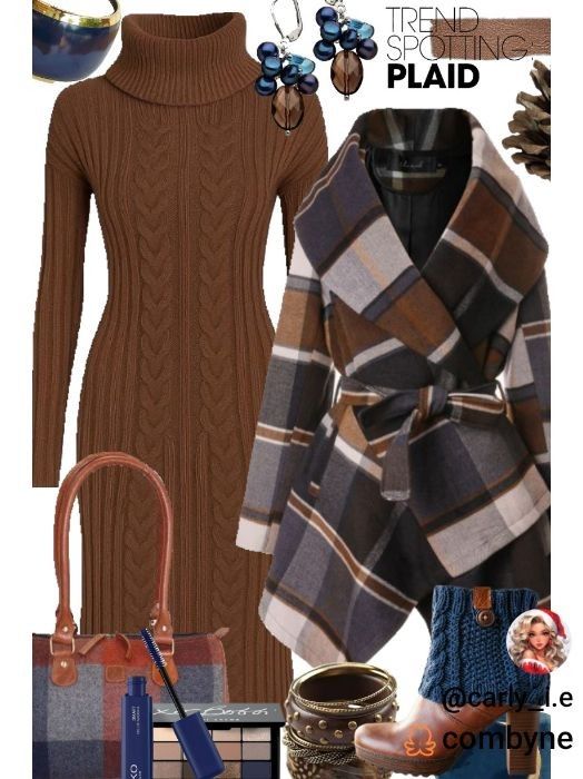 Brown Cable-Knit Turtleneck Dress & Plaid Wrap Coat – Autumn Winter Set - GLOW FIT ESSENTIALS