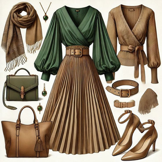 Forest Green Wrap Blouse & Camel Pleated Midi Skirt Outfit Set - GLOW FIT ESSENTIALS