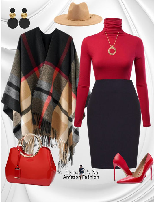 Red Turtleneck & Black Pencil Skirt Set – Bold Winter Power Outfit - GLOW FIT ESSENTIALS