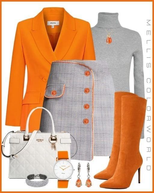 Orange Blazer & Grey Tweed Skirt Set – Bold Office Power Outfit - GLOW FIT ESSENTIALS