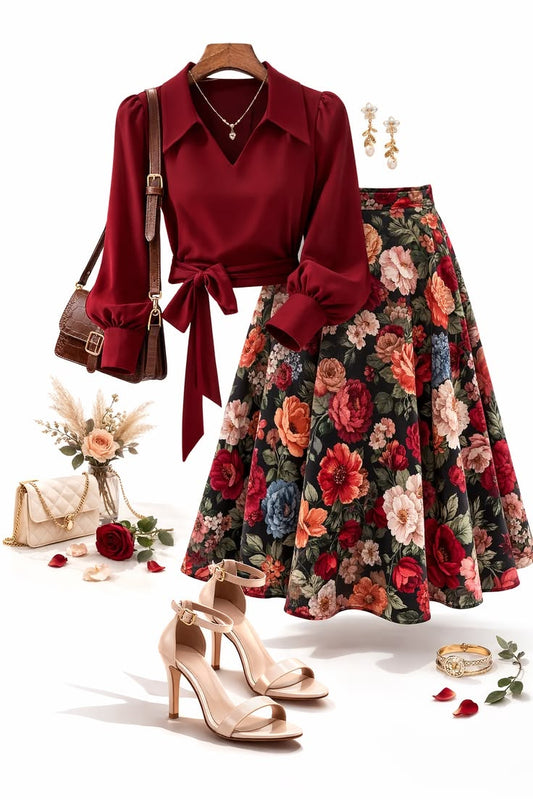 Crimson Floral Midi Skirt Set – Tie-Front Blouse & Garden Party Skirt - GLOW FIT ESSENTIALS