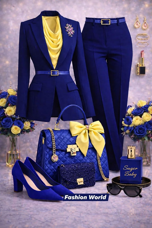 Royal Blue & Yellow Power Suit – Belted Blazer & Tailored Trouser Set - GLOW FIT ESSENTIALS