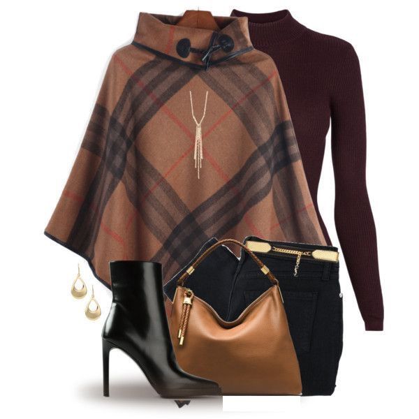 Camel Plaid Hooded Poncho & Burgundy Turtleneck Outfit – Autumn Winter Set - GLOW FIT ESSENTIALS