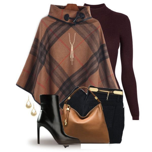 Camel Plaid Hooded Poncho & Burgundy Turtleneck Outfit – Autumn Winter Set - GLOW FIT ESSENTIALS
