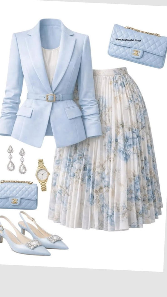 Powder Blue Belted Blazer & Floral Pleated Midi Skirt Set – Spring Elegance - GLOW FIT ESSENTIALS
