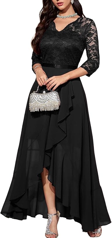 GlowFit Women's V-Neck Dress – Hi-Lo Floral Lace Prom Cocktail Party Formal Bridesmaid & Wedding Guest Dress - GLOW FIT ESSENTIALS