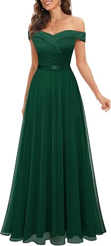 GlowFit Women's Lace Bridesmaid Dress – A-Line Off Shoulder Floral Lace Chiffon Wedding Dress - GLOW FIT ESSENTIALS