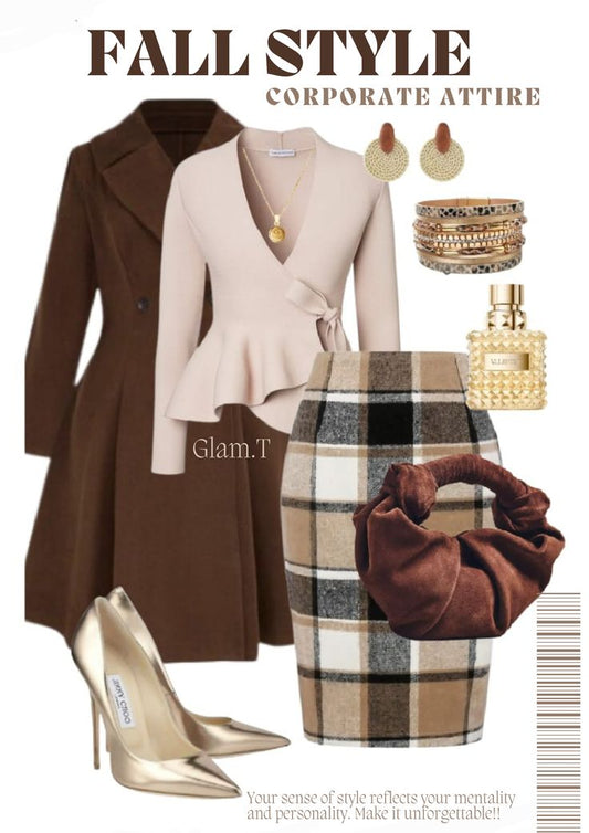 Blush Peplum Top & Plaid Pencil Skirt Set – Fall Corporate Attire - GLOW FIT ESSENTIALS