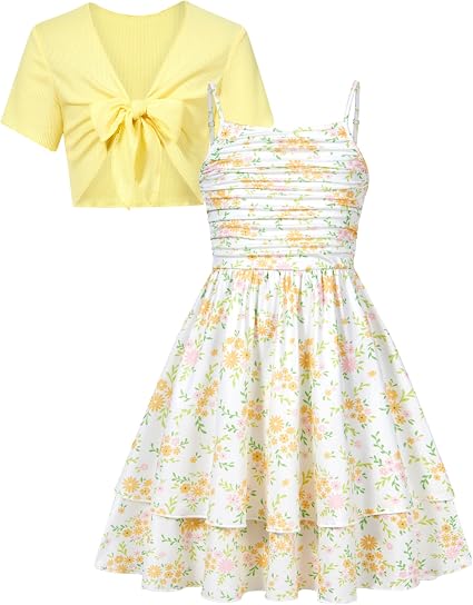 Girls Layered Ruched Midi Dress (Ages 7-16) – Adjustable Spaghetti Strap Outfit with Cardigan | Church, Wedding, Graduation & Formal Events - GLOW FIT ESSENTIALS