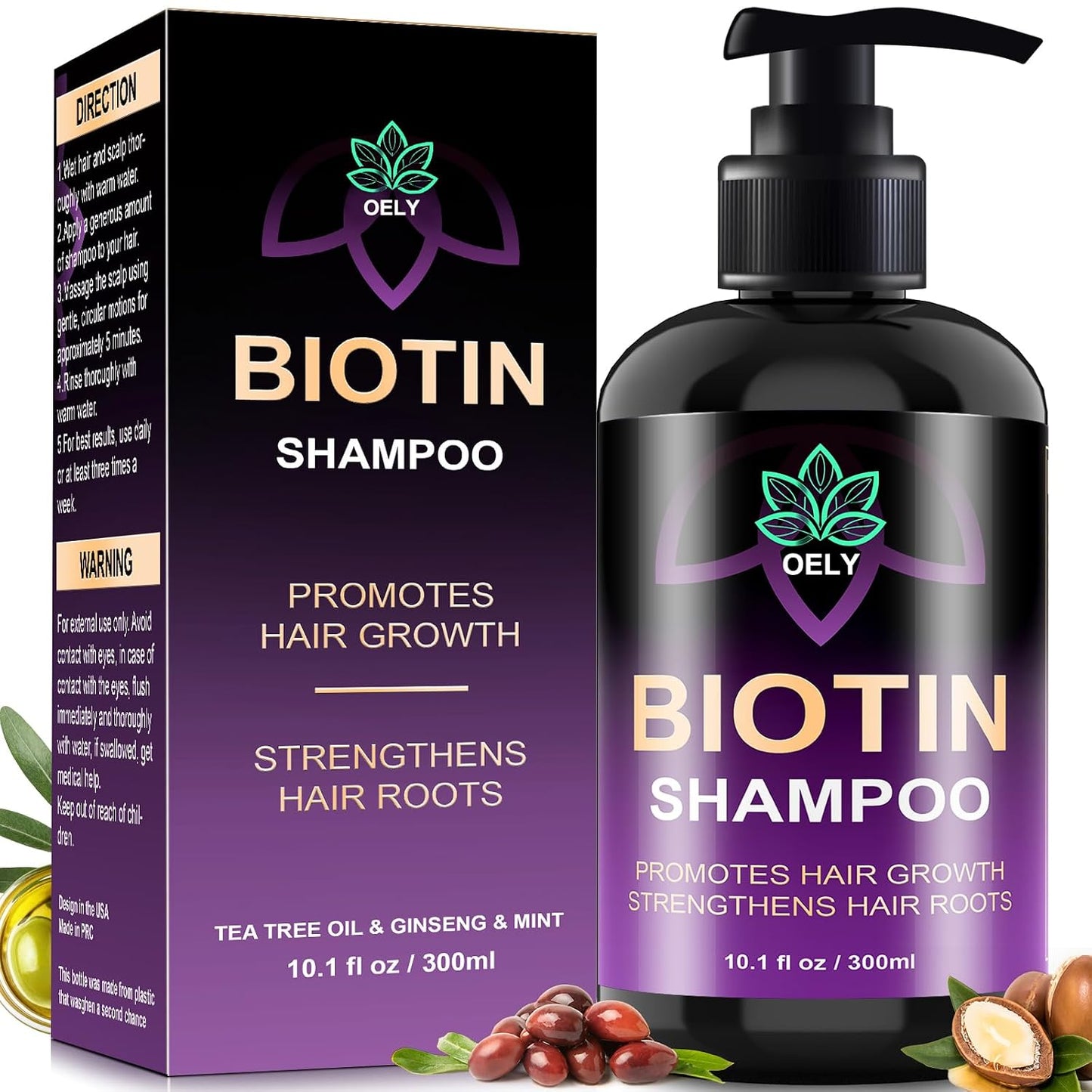 OELY Biotin Hair Growth Shampoo 300ml – Tea Tree Oil, Ginseng & Mint | Sulfate-Free for Thinning Hair & Hair Loss | Glow Fit Essentials
