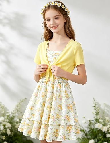 Girls Layered Ruched Midi Dress (Ages 7-16) – Adjustable Spaghetti Strap Outfit with Cardigan | Church, Wedding, Graduation & Formal Events - GLOW FIT ESSENTIALS