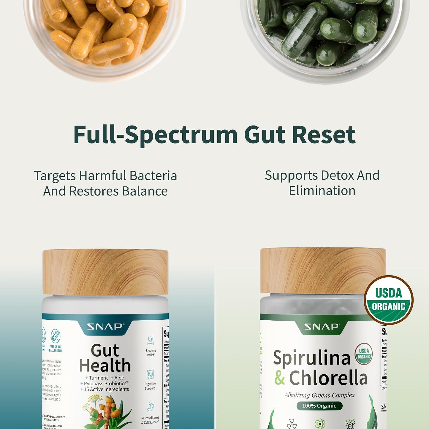 Snap Supplements Gut Health & Organic Spirulina Chlorella Bundle – 50 + 120 Capsules | Detox, Digest & Glow