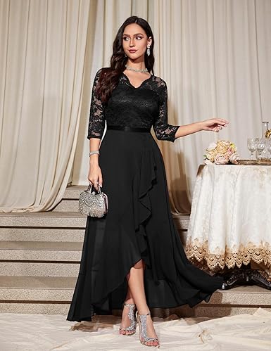 GlowFit Women's V-Neck Dress – Hi-Lo Floral Lace Prom Cocktail Party Formal Bridesmaid & Wedding Guest Dress - GLOW FIT ESSENTIALS