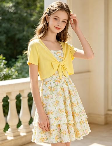 Girls Layered Ruched Midi Dress (Ages 7-16) – Adjustable Spaghetti Strap Outfit with Cardigan | Church, Wedding, Graduation & Formal Events - GLOW FIT ESSENTIALS