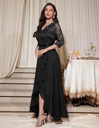 GlowFit Women's V-Neck Dress – Hi-Lo Floral Lace Prom Cocktail Party Formal Bridesmaid & Wedding Guest Dress - GLOW FIT ESSENTIALS