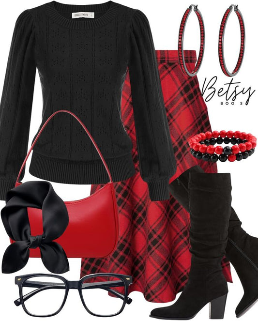 Red Plaid Midi Skirt & Black Knit Sweater Set - GLOW FIT ESSENTIALS
