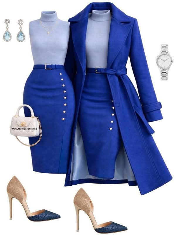 Royal Blue Belted Coat & Pencil Skirt Set - GLOW FIT ESSENTIALS