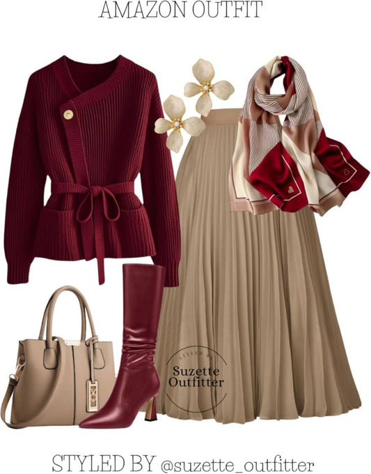 Burgundy Belted Knit Cardigan & Pleated Midi Skirt Set – Luxe Amazon Outfit - GLOW FIT ESSENTIALS